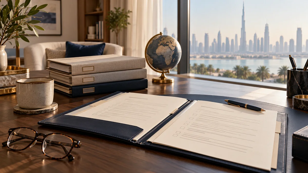 An open checklist folder, pen and globe on a desk with an imagined Dubai skyline beyond the window.